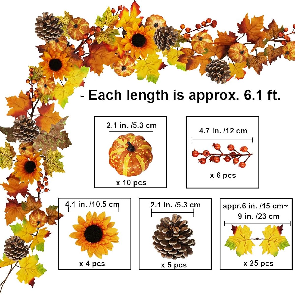 Autumn Maple Leaf Garland - 6ft/Piece Artificial Berries Sunflowers Pumpkins Fall Garland Decorations for Wedding Party Thanksgiving Dinner Fireplace Door Frame Entryway Backdrop Decor