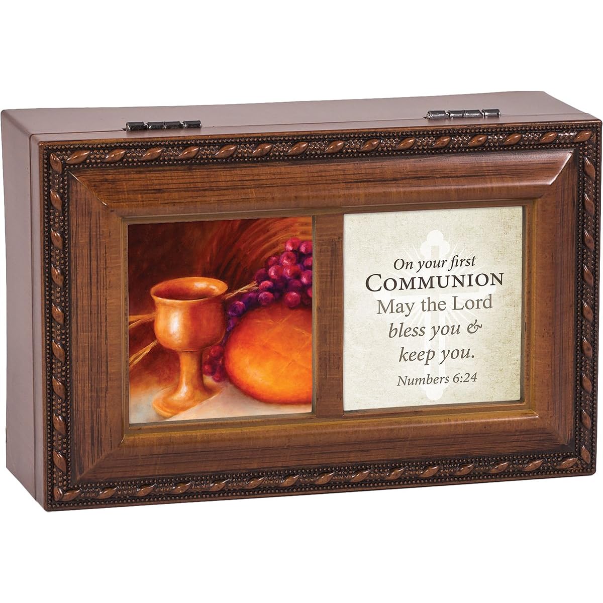 First Communion Lord Bless You Wood Finish Small Jewelry Music Box Plays We Have a Friend in Jesus