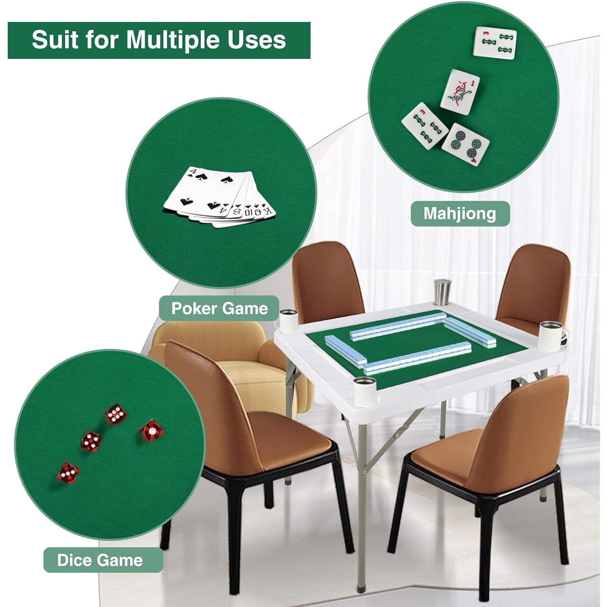 Stonehomy Domino Game Table Plastic with Folding Legs for Adults Square Mahjong Table Foldable with Cup Holders Chip Groove Green Table Felt for 4 Players 34.6x34.6 Inch