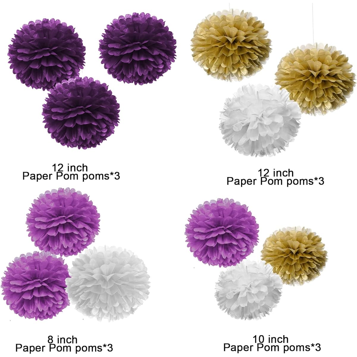 AIM & GGKK Paper Pom Poms, Gold Gradient Purple and White Tissue Hanging Paper Pom Poms Flower Balls for Wedding Birthday Party Decorations (12pcs, 8"&10"&12")
