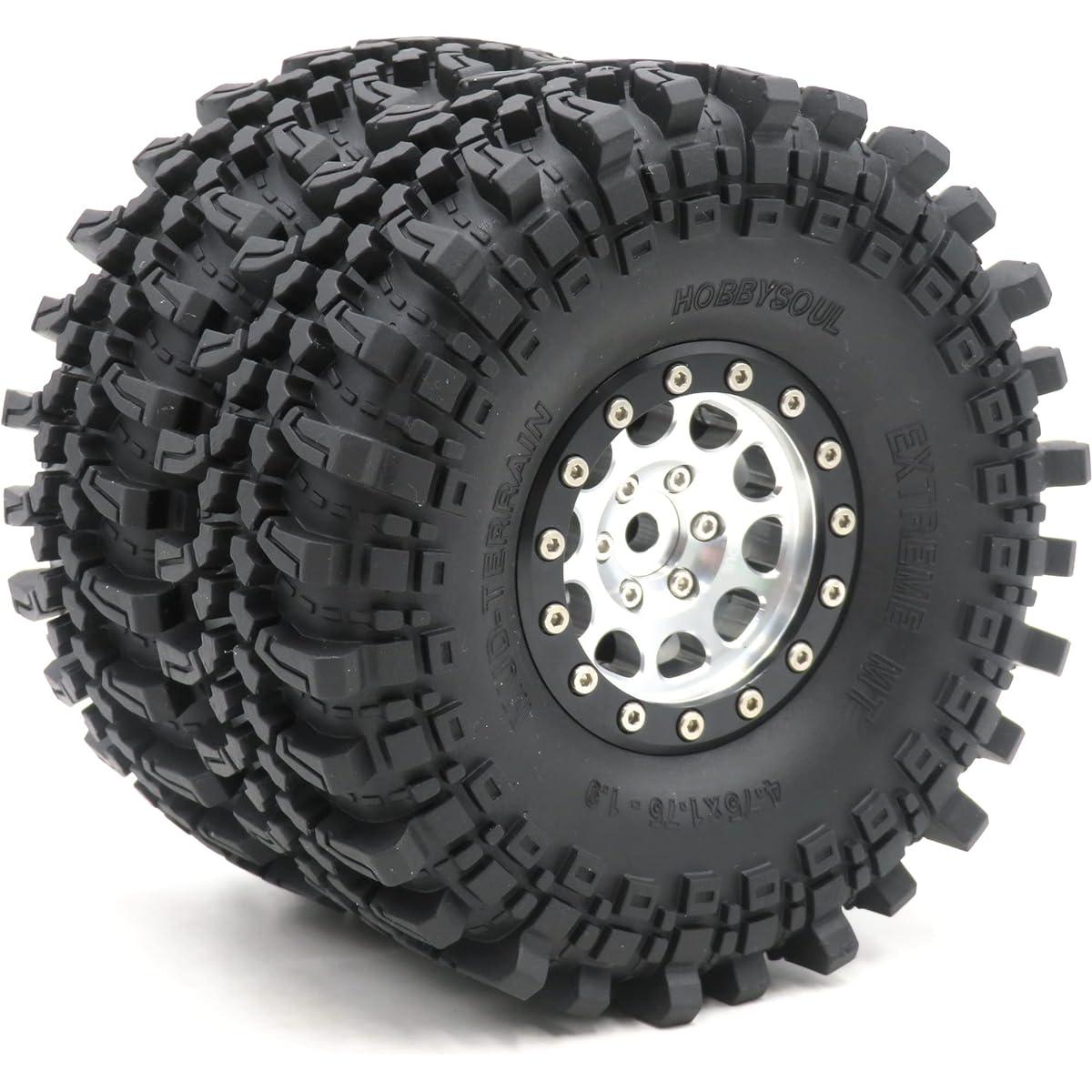 HOBBYSOUL RC 1.9 Tires Soft Tires 121mm/4.75" & Aluminum 1.9 Beadlock Wheels 12mm Hex Rim Silver & Black for Mud Rock Crawler Badlands Loose Terrain (2 Pack, Pre-assembled)