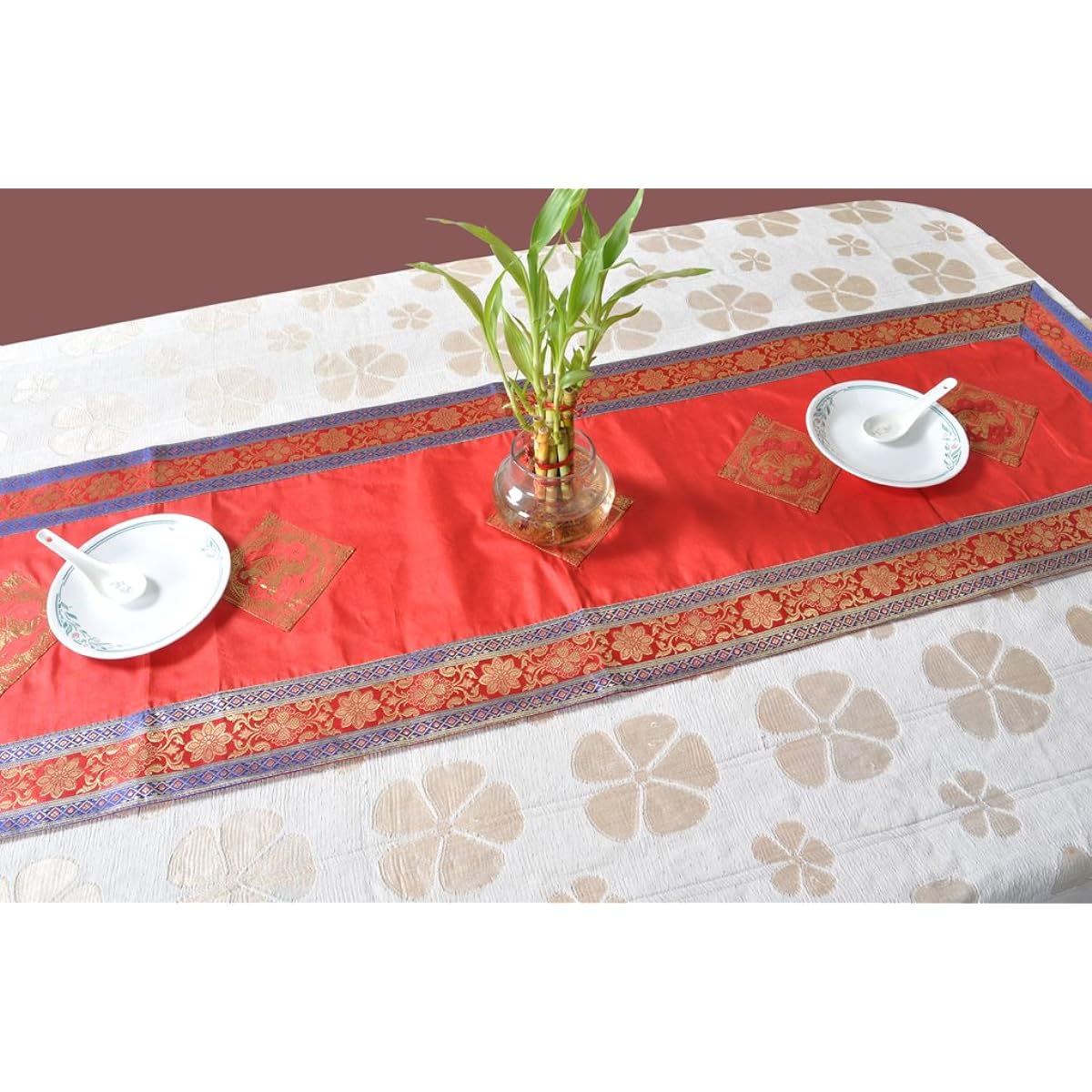 Lalhaveli Indian Elephant Design Red Silk Table Decorative Runner 152 x 41 Cm