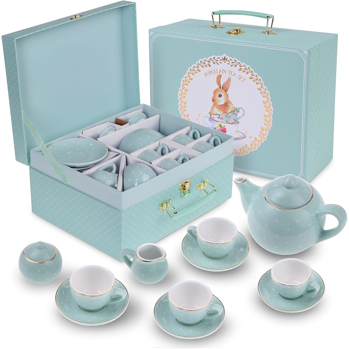 Jewelkeeper Porcelain Tea Set for Little Girls - 13 Piece Tea Party Set with Carry Case - Kids Tea Set for Ages 3 and Up - Safe and Durable Mini Tea Cup and Saucer Set - Turquoise Polka Dot