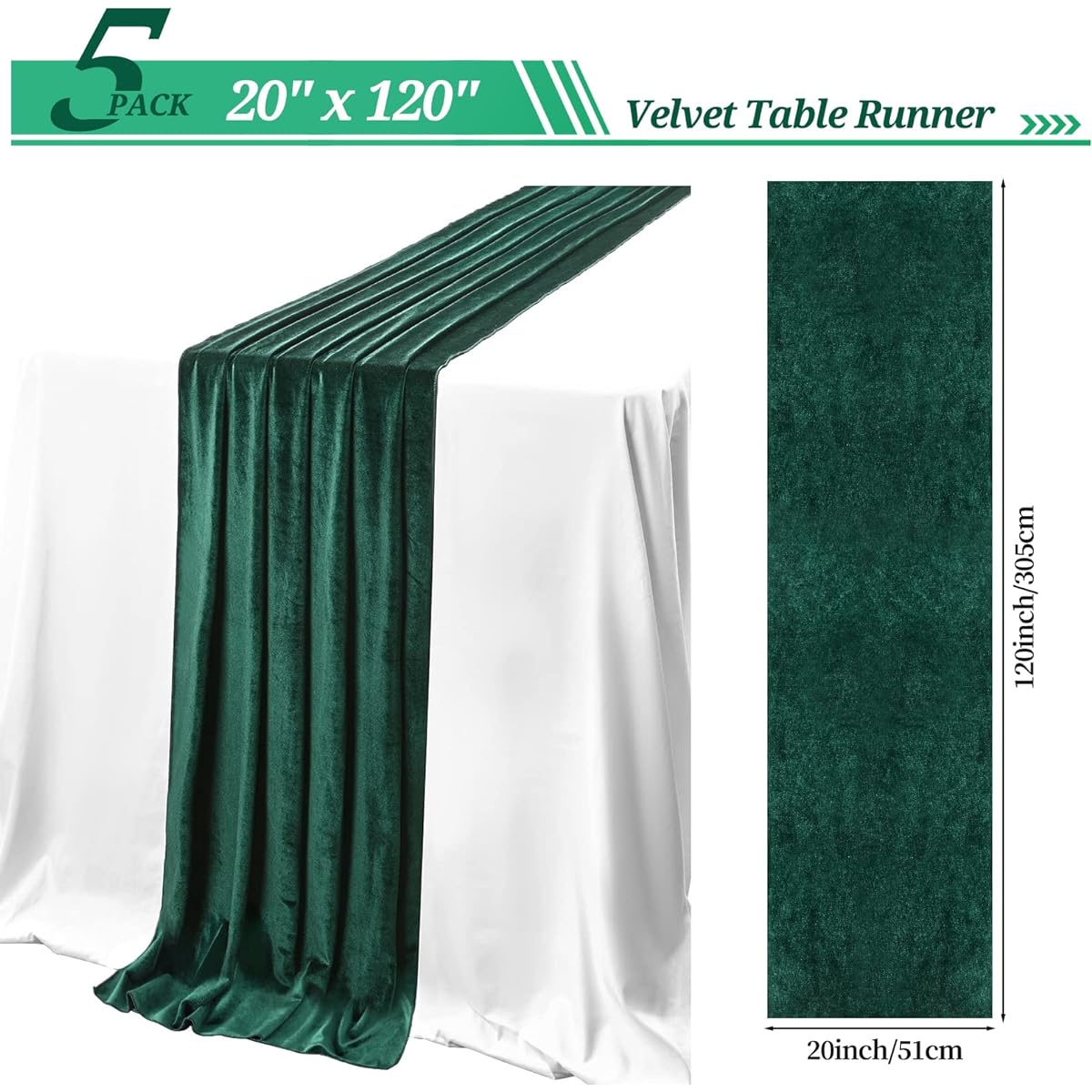 5 Pieces Velvet Table Runner 20x120 Inch Cotton Table Runner Emerald Velvet Fabric Table Overlay Table Decoration Wedding Banquet Birthday Party Holiday Event Supplies (Green)
