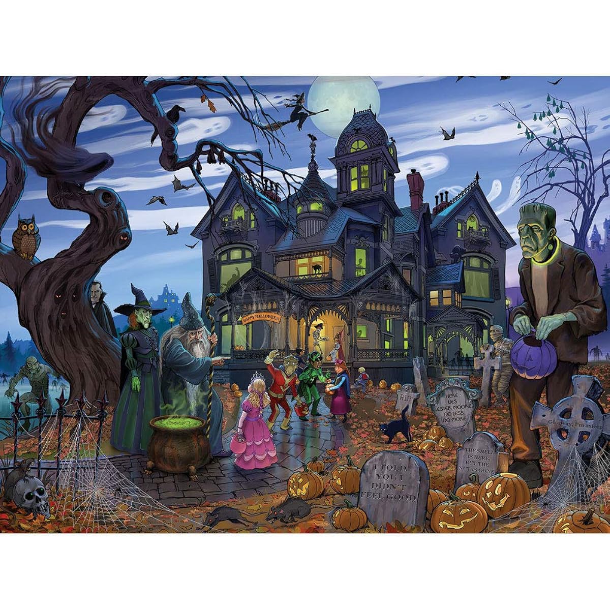 Bits and Pieces - 1000 Piece Jigsaw Puzzle for Adults 20 x 27 Inch - Goblins, Goodies and Ghouls - Oh My - 1000 Piece Haunted House Halloween Trick or Treat Jigsaw Puzzle by Artist K Shawn Soulivan