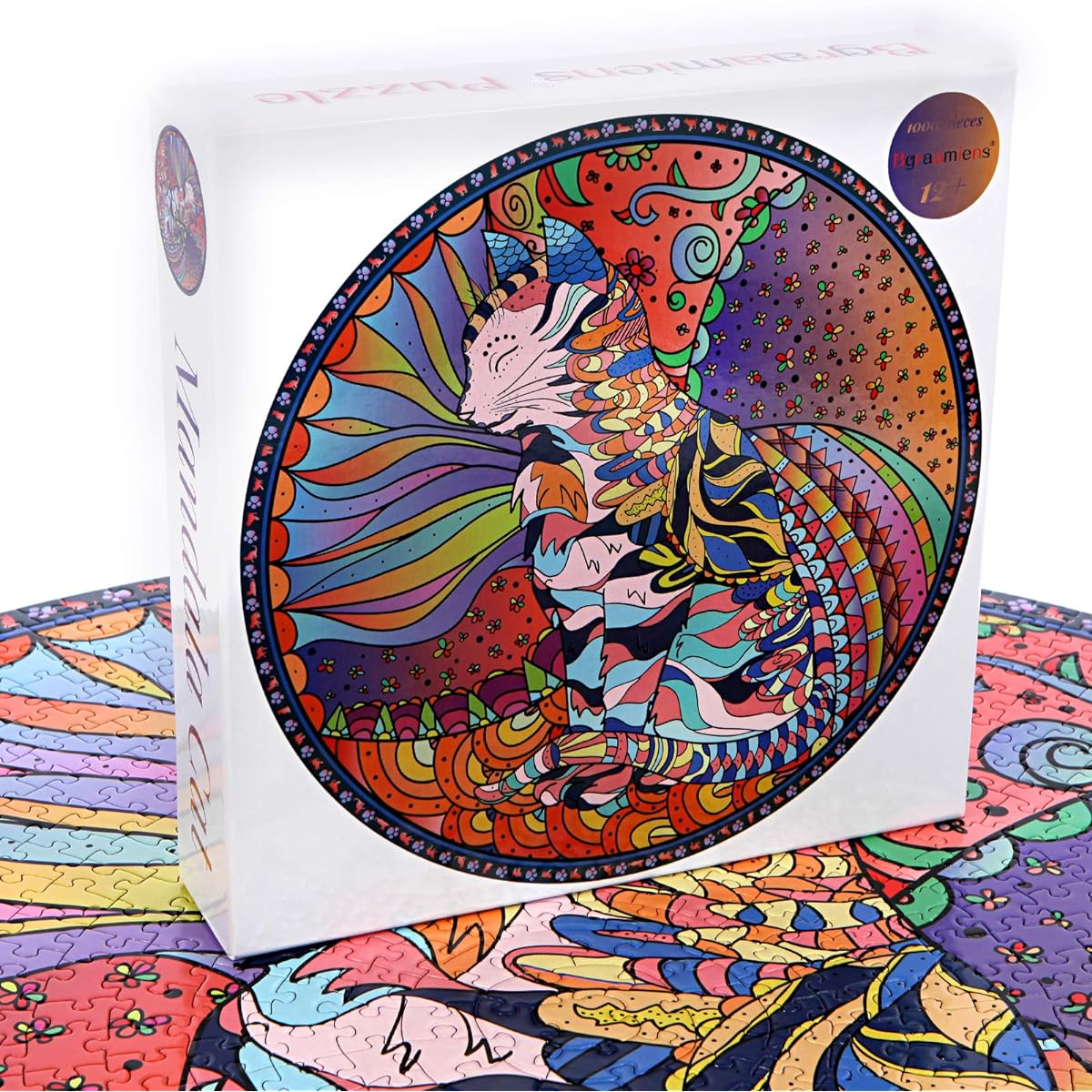 Bgraamiens Puzzle-Mandala Cat-1000 Piece Animal Puzzle Color Challenge Round Mandala Cat Jigsaw Puzzle