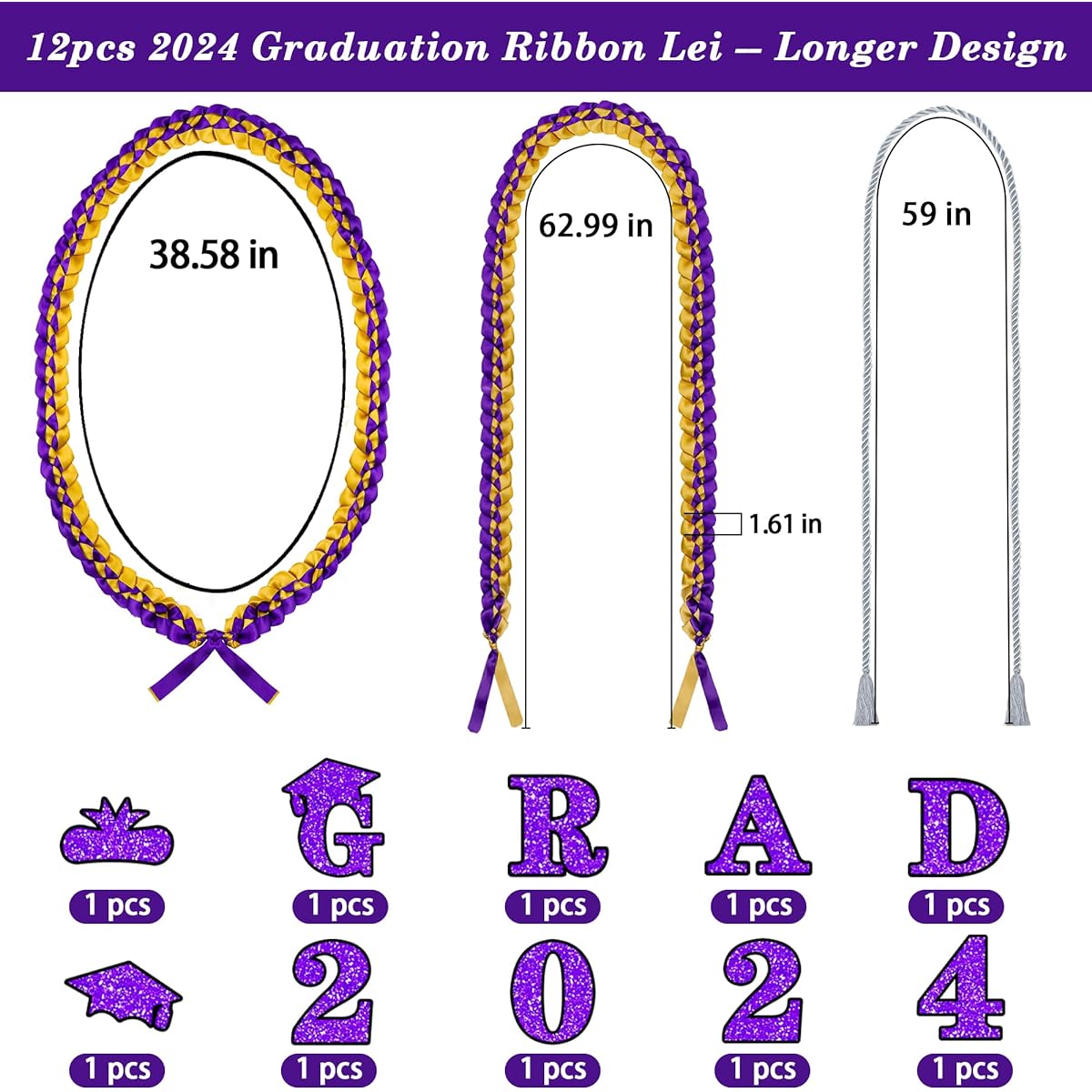 VAITAN 2023 Purple Gold Graduation Ribbon Lei and Honor Code Braided Necklace