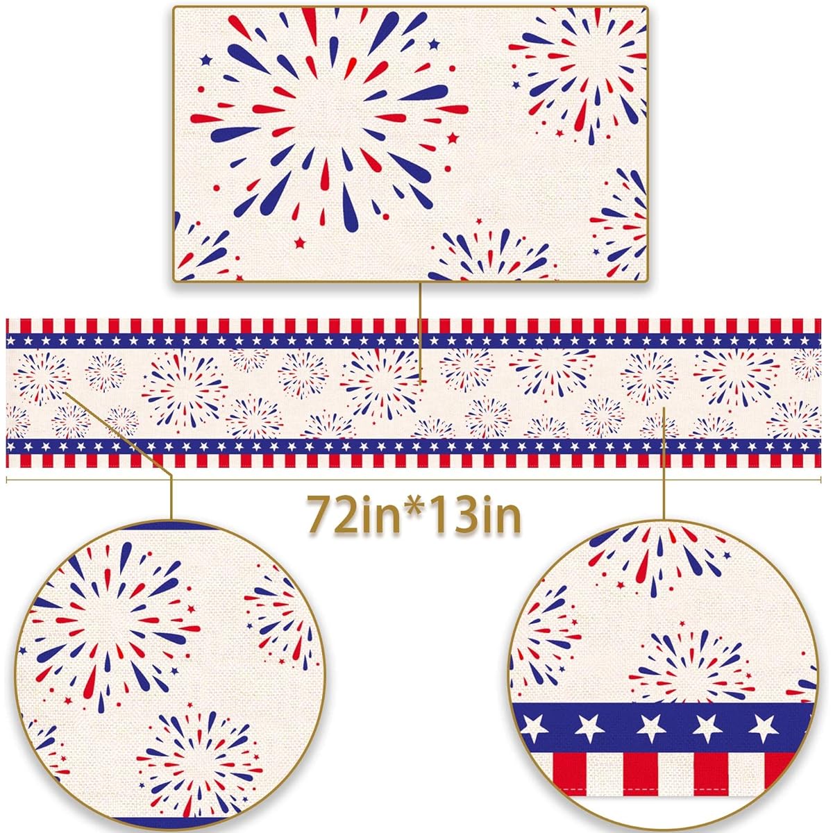 Linen Independence Day Table Runner with Little Firecrackers, Stripes and Stars, Patriotic Baby Shower, Birthday, Dining Room, Home Decorations