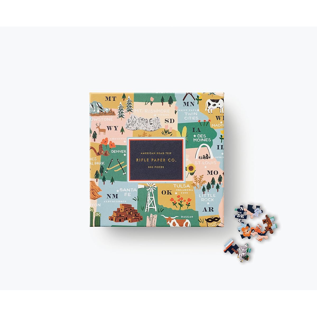 Rifle Paper Co. American Road Trip Illustrated Jigsaw Puzzle, 500 Pieces, Full Color, Finished Puzzle Size 21" L x 15" W, Paper Wrapped Gift Box with Gold Foil Accents