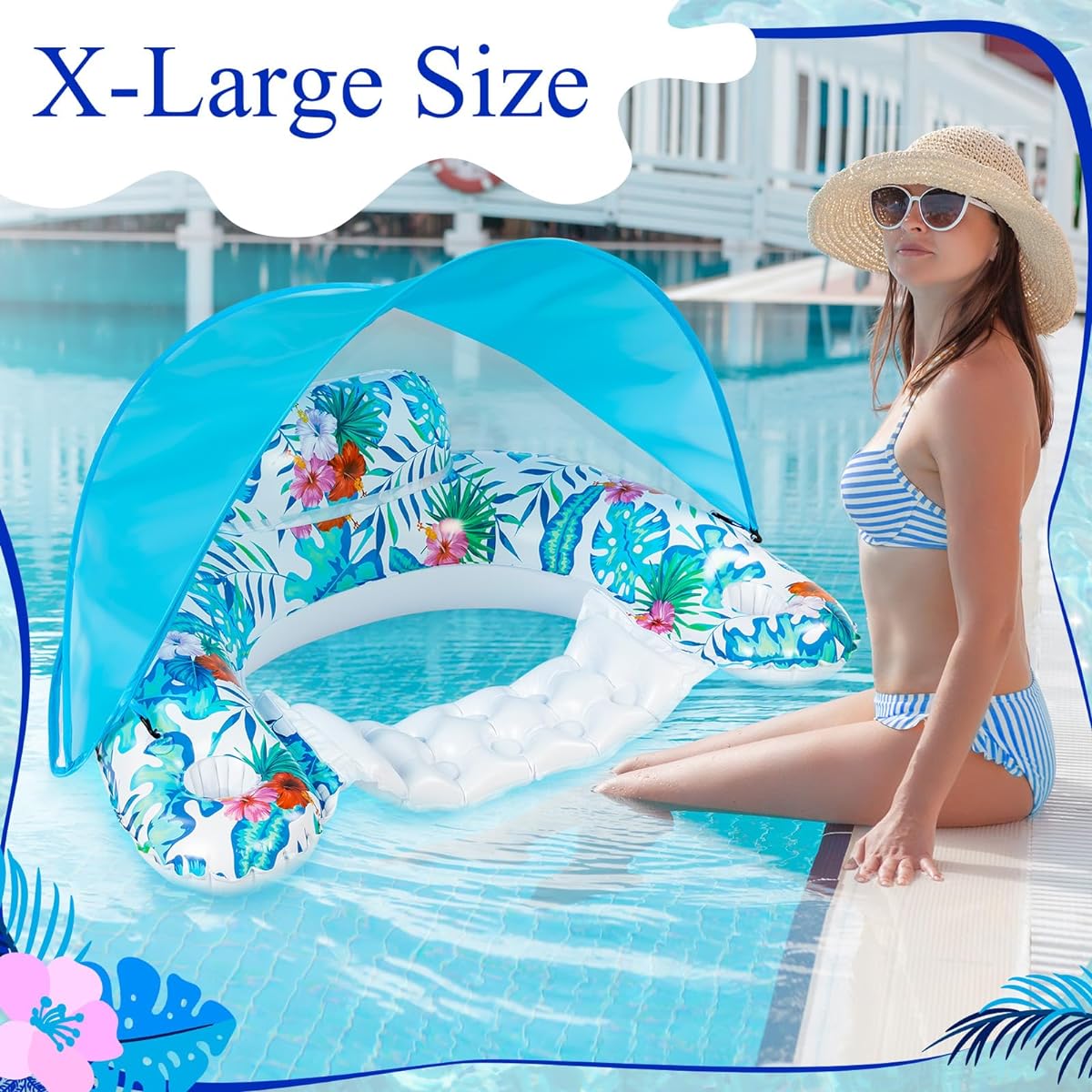 MiniInflat Pool Float with Adjustable Canopy, Adult Floating Pool Chair with Cup Holder, Inflatable Pool Lounger Float, Blow Up Pool Chair Float with Headrest for Travel/Swim Party