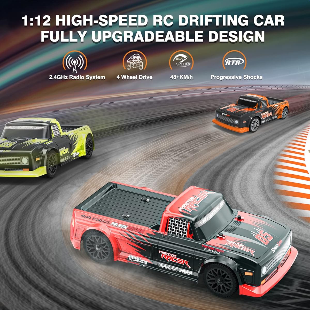 EXBONZAI Remote Control Car RC Drift Car High Speed Radio Controlled Car 1/12 Hobby Drift RC 4WD All Road 48+KM/h Car with 2 Batteries Throttle & Steering Control Remote Control Car for Boys 8-12 Years Old Adults Yellow