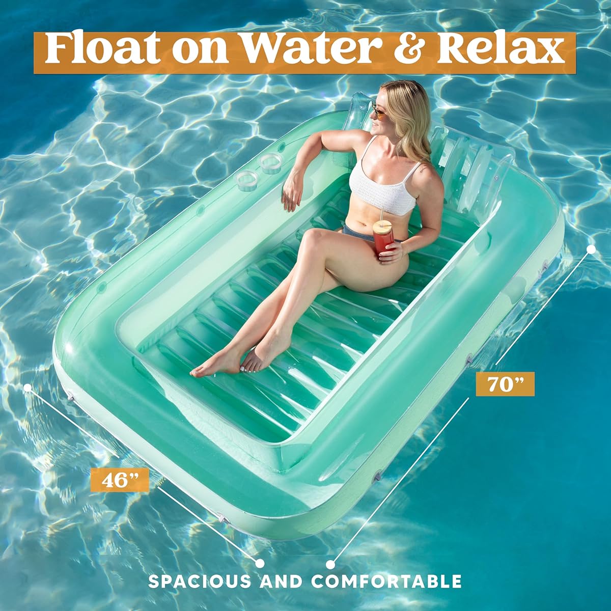 Sloosh Inflatable Tanning Pool Lounge Float 70" x 46" Suntan Tub Raft Float Tanning Pool with Pillow Personal Pool Lounger for Adult Summer Water Party L-Cyan