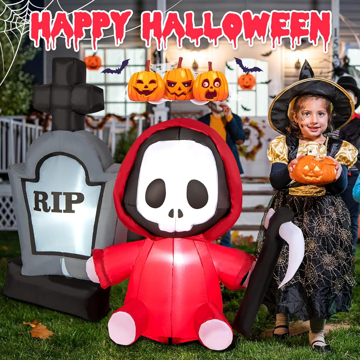 Tangkula 5ft Inflatable Halloween Haunted Scythe and Tombstone Creepy Explosive Halloween Decoration with LED Lights, 4 Ground Stakes, 2 Ropes, Indoor Outdoor Holiday Decorations for Garden and Lawn