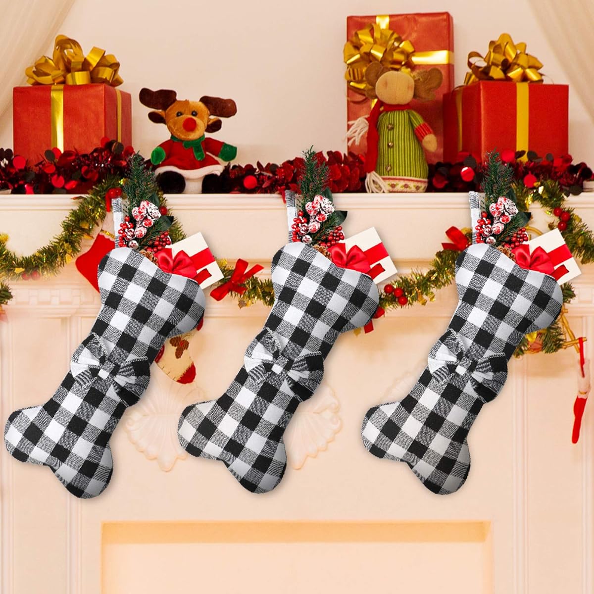 Skylety Pet Dog Christmas Stockings Buffalo Plaid Large Bone Shape Hanging Christmas Stockings Buffalo Check Stockings for Christmas Party Family Gathering Decorations (Black White Dog Bone, 3 Pieces)