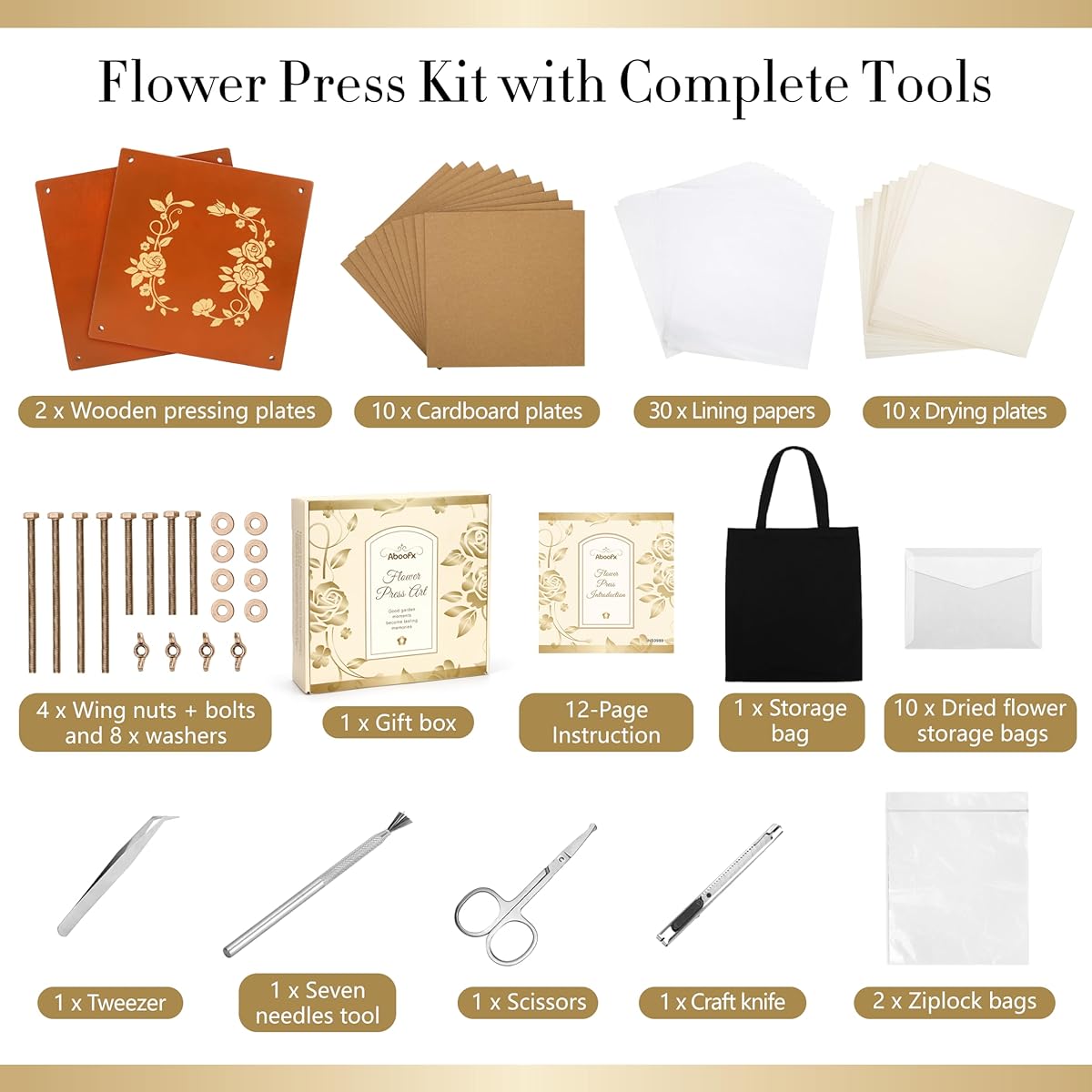 Aboofx Extra Large Wooden Flower Press Kit with Carry Bag, 10 Layers 10" x 10" Flower Press Kit DIY Arts & Crafts Kit for Kids and Adults, DIY Pressed Flowers Plant Preservation Kit Gift