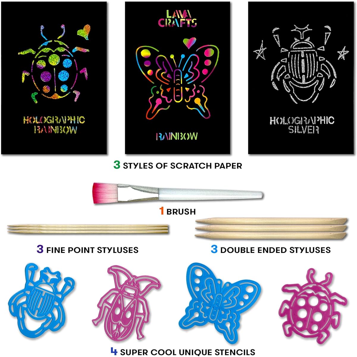 Lava Crafts Scratch Art Set for Kids - 50 Scratch Papers in 3 Amazing Styles - Rainbow Silver & Rainbow Holographic, 4 Unique Stencils for Kids, 6 Styluses & Brushes - Beautiful Gift Box