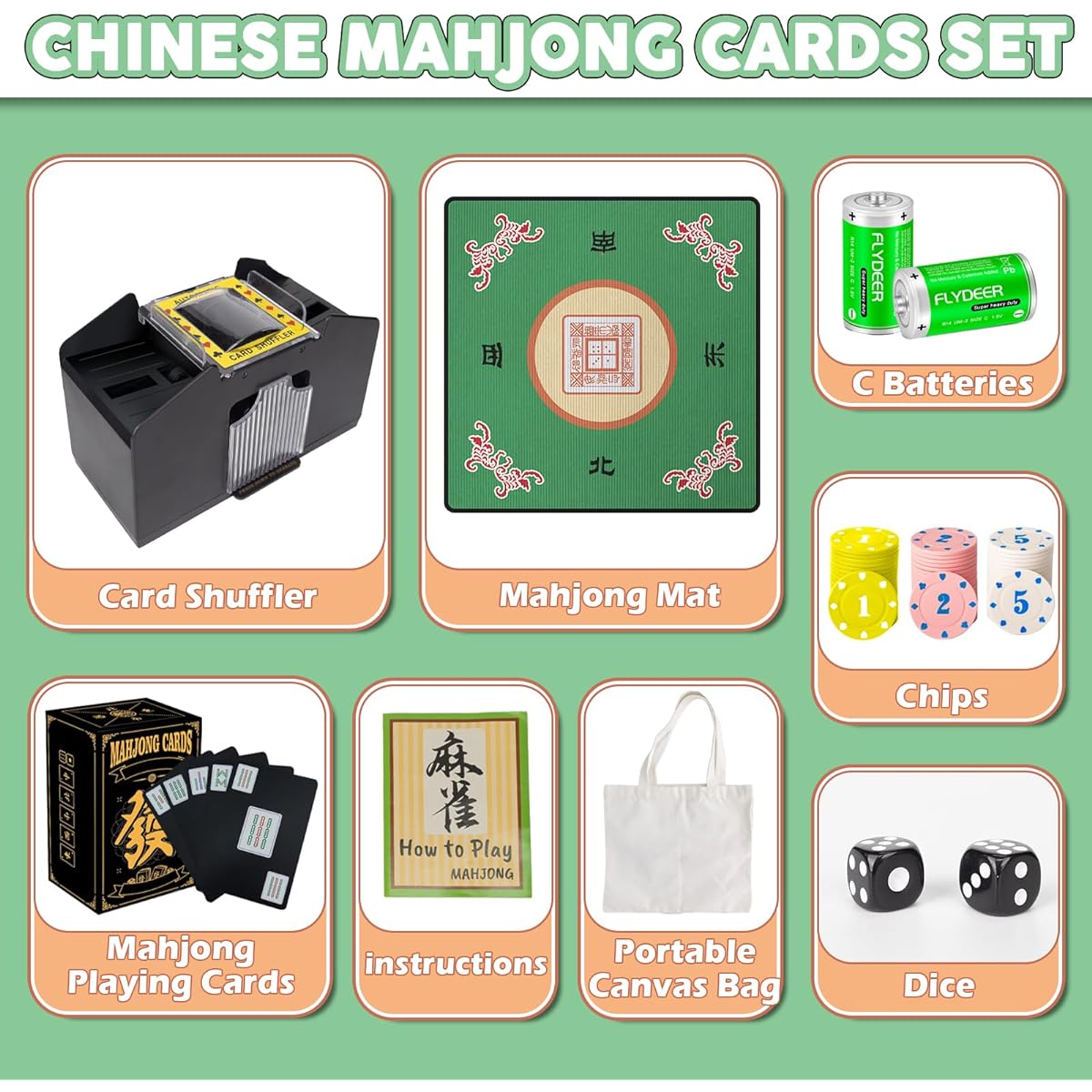 Extguds Chinese Mahjong Card Deluxe Set: Mahjong Playing Cards x 1, Card Shuffle x 1, C Battery x 4, Chips x 60, Mahjong Mat x 1, Portable Canvas Bag x 1, Dice x 2, Game Manual x 1. 144 Playing Cards
