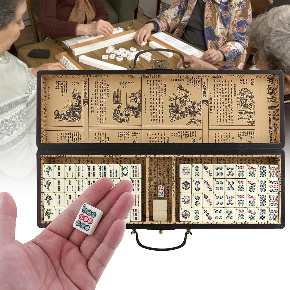 IRONWALLS Chinese Mahjong Set, 144 Piece Mahjong Tiles Set with 1" Mahjong Tiles, 2 Dice, Leather Carrying Case Box, Mahjong Game Set for Travel Party, Family Game
