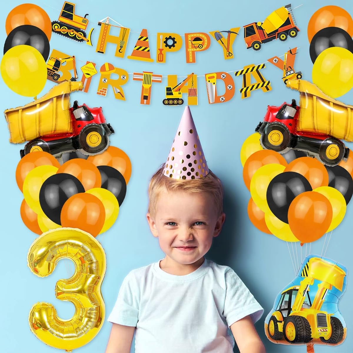 KABAHTOY 3rd Birthday Decorations for Boy, Construction Party Supplies, Digger Banner, Dump Truck and Digger Balloons, Cake Toppers, Orange Black Yellow Latex Balloons, Excavator Truck Bulldozer Crane