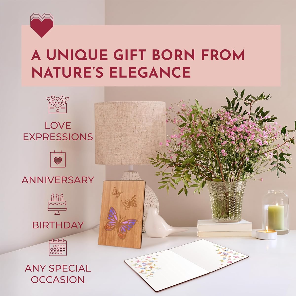 Butterfly Wood Greeting Card Design: Premium handmade wooden cards, perfect for thank you, anniversary, or as a gift.