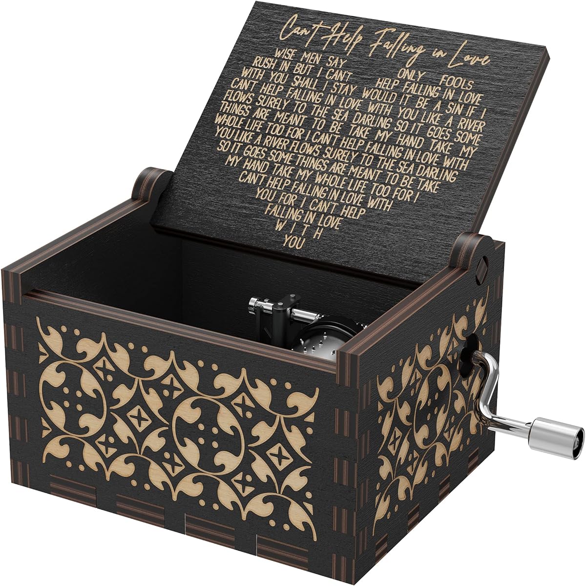 Huntmic Can't Help Falling in Love Wooden Music Box, Antique Carved Music Box Case Birthday Gift Kids Toy Hand Operated (Black)
