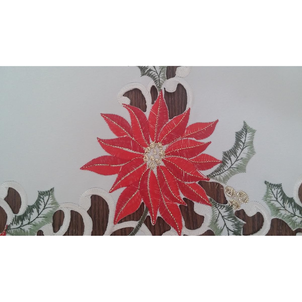 Christmas table runner embroidered with a red poinsettia on antique fabric, size 54 x 15 inches