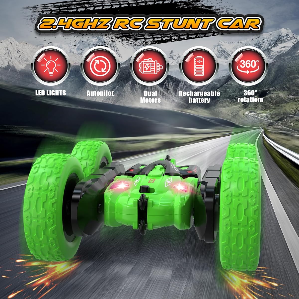 Jimdella Remote Control Car, Radio Controlled Car, Stunt Car Toy, 4WD, 2.4Ghz, Double Sided, 360° Rotation, RC Car with Headlights, Kids, Xmas Toy Car for Boys/Girls (Green)