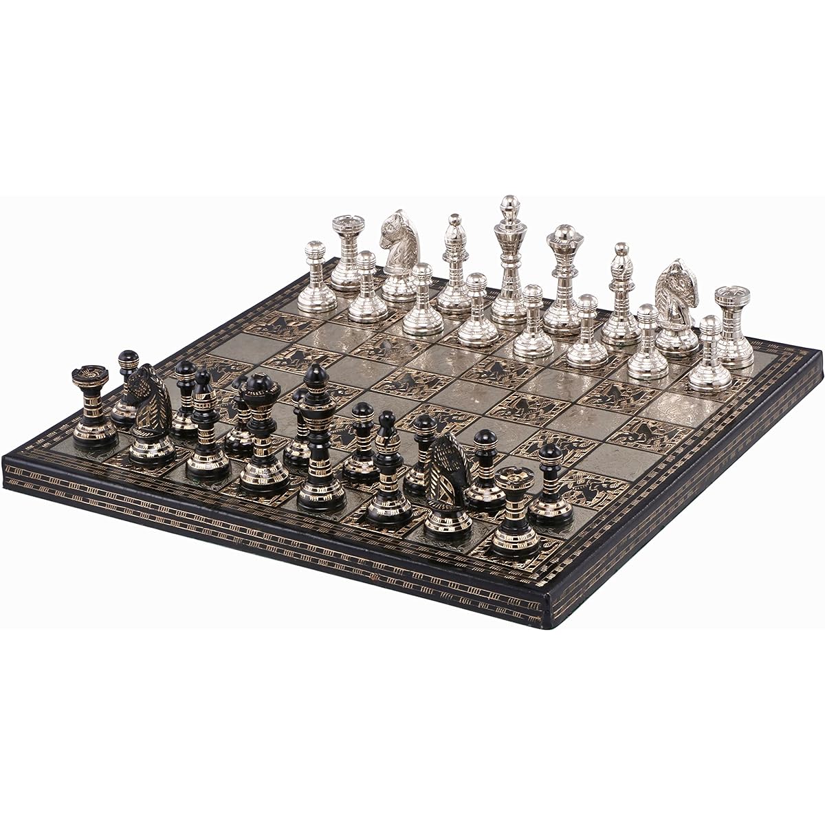 Brass Chess Board Game Set 12" x 12" Unique Premium 100% Handcrafted for Professionals and Adults (Silver and Black) by INDUS LIVING Medium