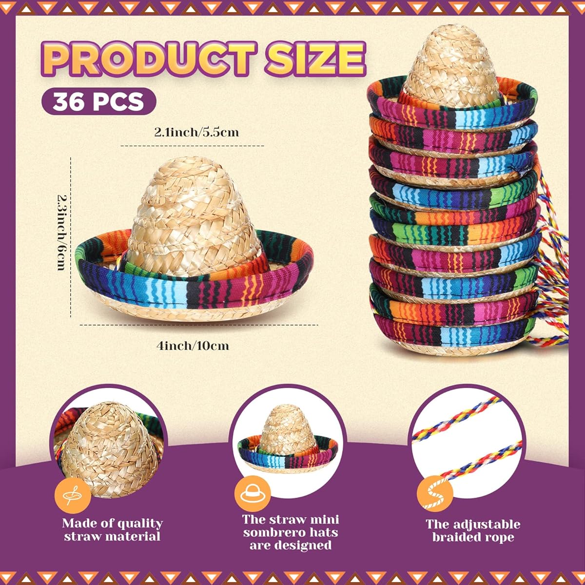 Mini Mexican Hat Mexican Party Decorations Straw Sombrero Hat with Cord Mexican Party Decorations Small Hat Straw Hat Pet Fiesta Party Costume for Baby Kids Toddler 4 Inch Diameter 36 Pieces