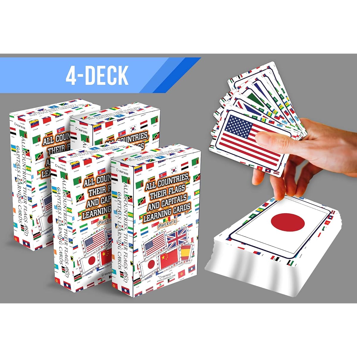 Creanoso Bulk Set of Flags and Capitals Learning Cards for Kids (4 Decks) - Cute Keepsake Decorative Decals Supplies - Christmas Present Gifts for Boys/Girls/Christmas/Holiday Activities - DIY Art