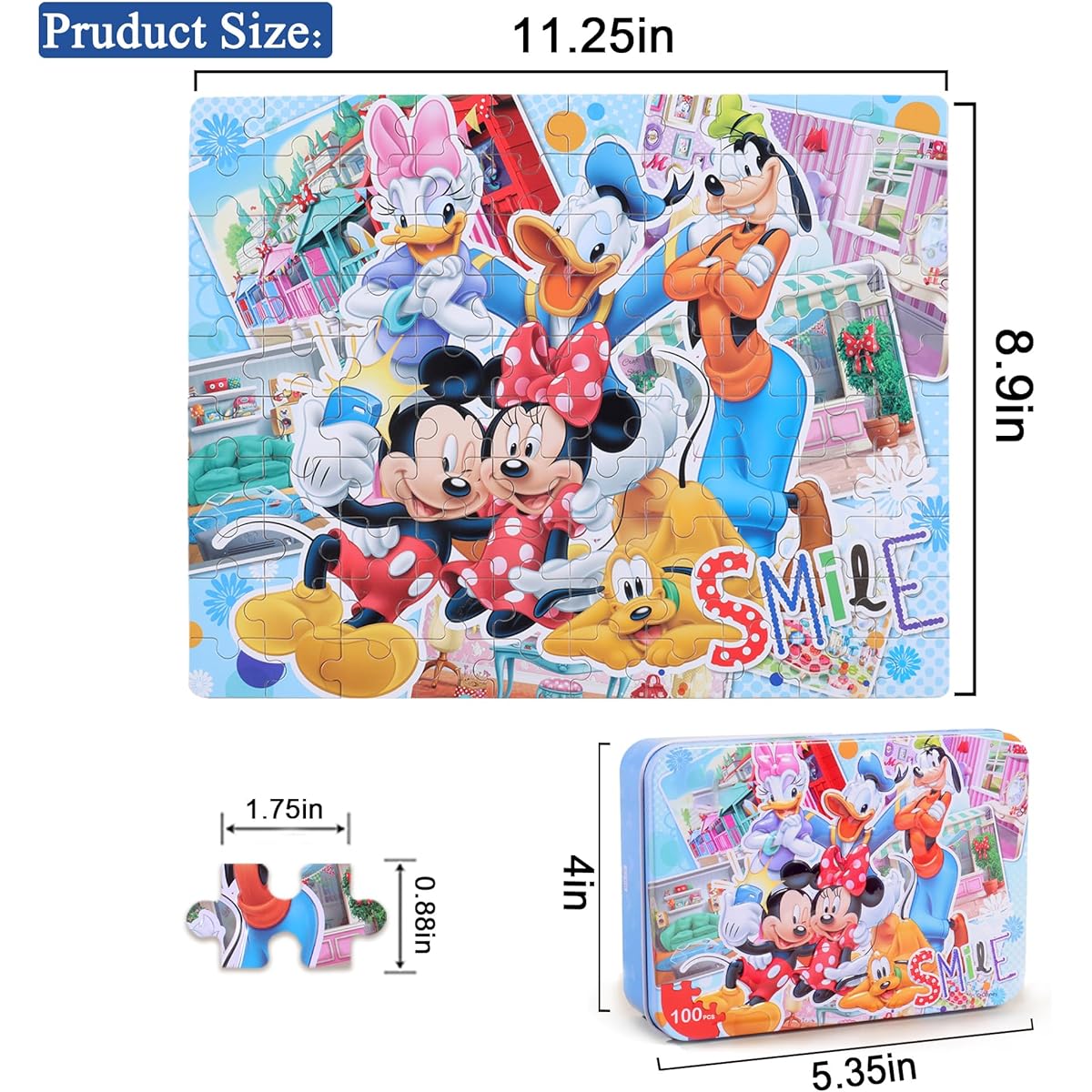 LELEMON Disney Mickey Mouse Puzzle for Kids Ages 4-8 Metal Box 100 Pieces Learning Education Puzzle for Kids Girls Boys (Mickey & Minnie)
