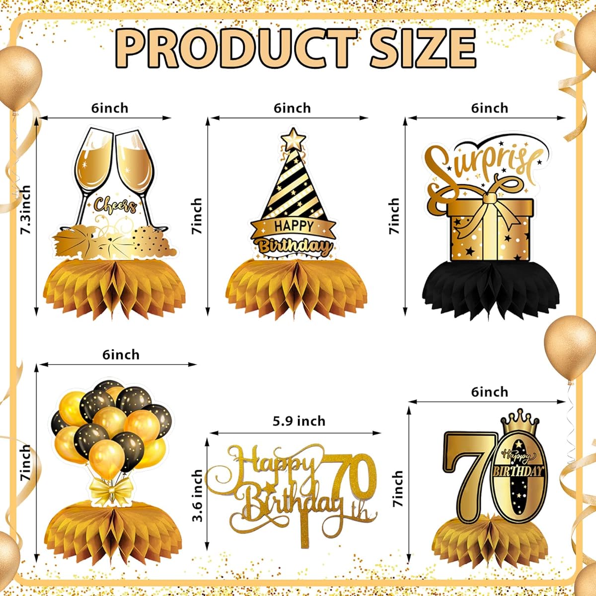 70th Birthday Table Centerpieces Black Gold 70th Birthday Honeycomb Table Topper Decorations with Happy Birthday Cake Topper Unisex 70 Years Old 70th Birthday Party Supplies