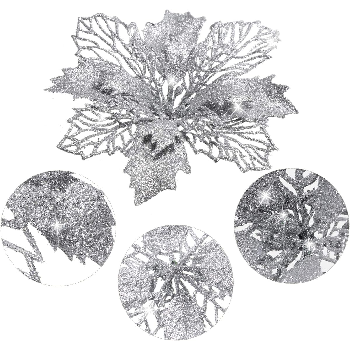 WILLBOND 36pcs Christmas Flower Glitter Poinsettia Artificial Flowers for Weddings, Christmas Trees, New Year Ornaments, Glitter Hollow Style, Silver
