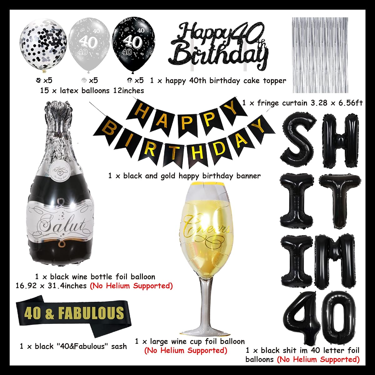 Shit Im 40th Birthday Party Decorations, Black and Silver Balloons, Happy Birthday Banner and Cake Topper, 40th Birthday Sash, Tinsel, Number 40 Foil Balloon for Funny 40th Birthday