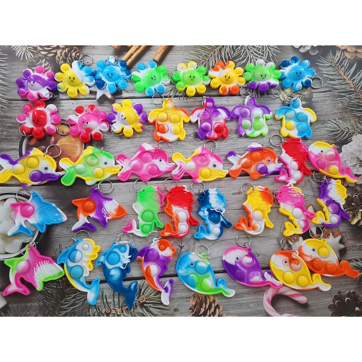 (Birthday Party Favors) 100 Pack Bulk Ocean Animal Fidget Mini Pop Keychain Rainbow Sensory Push Toys for Friends Birthday Summer Party Favors Holiday Kids Children Students Small Prize Gifts