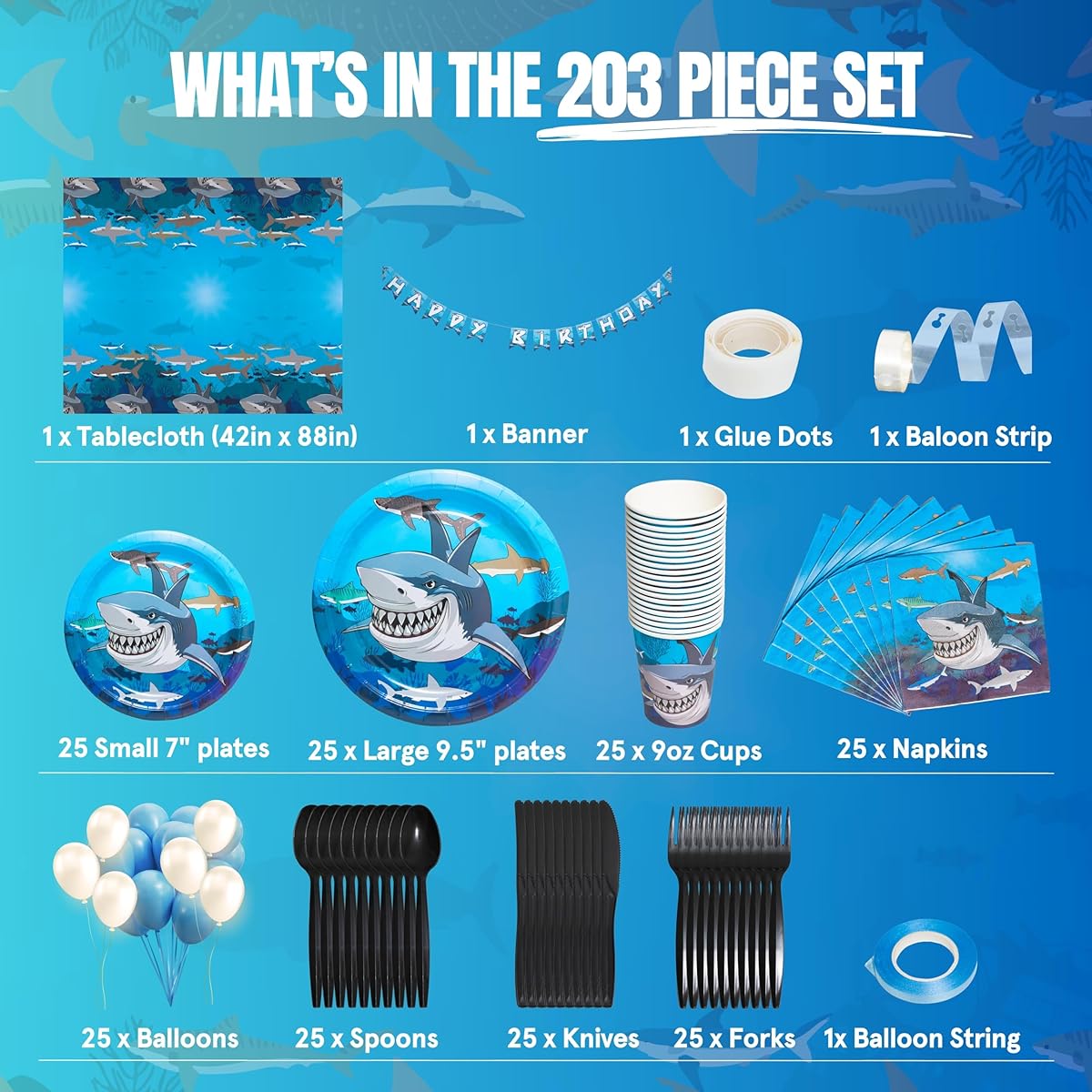 Shark Party Supplies Set - 102 Pieces Banner, Plates, Cups, Napkins, Tablecloth - Serves 25