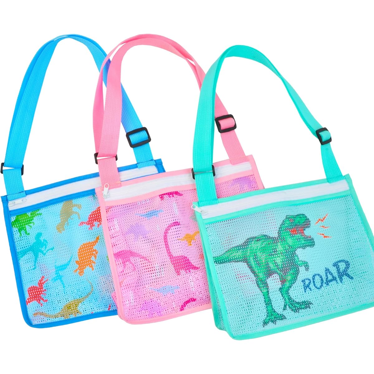 PASHOP Children's Beach Bag 3 Pack Seashell Bag Children's Beach Toys Mesh Beach Bag for Seashells for Girls Boys (3 Pieces/Dinosaur)