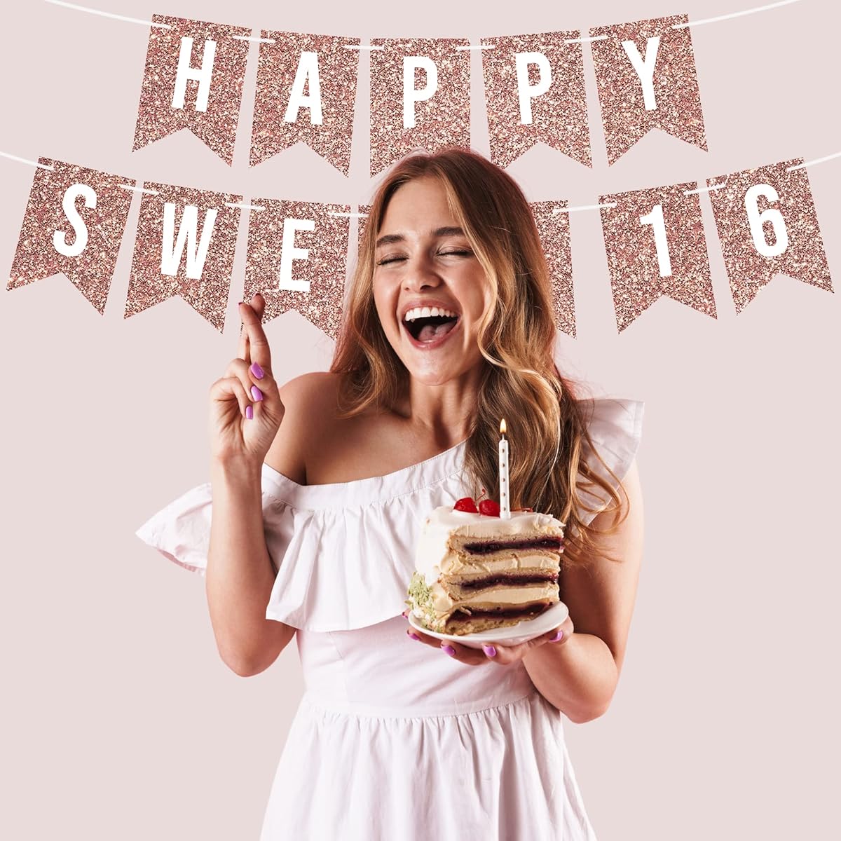 Happy Sweet 16 Birthday Banner - No DIY Required - Rose Gold Glitter Sweet Sixteen Party Banner - 6' Garland Strung on Strands - Rose Gold Birthday Party Decorations. Did we mention no DIY?