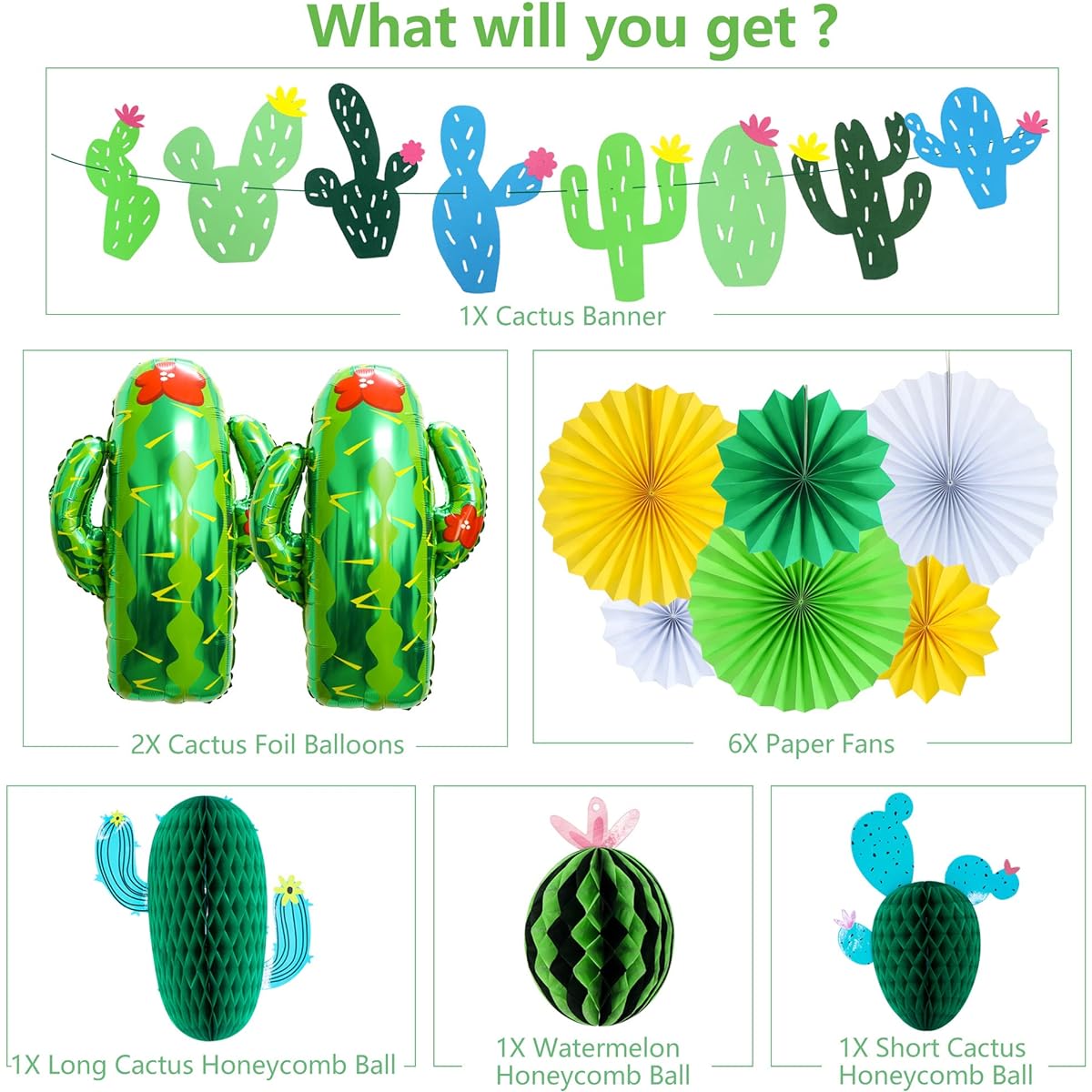 Cactus Party Decorations, Hawaiian Party Supplies Tropical Cactus Honeycomb Balls Foil Balloons Cactus Banner Paper Fans for Fiesta Mexican Cinco de Mayo Party Bachelorette Party
