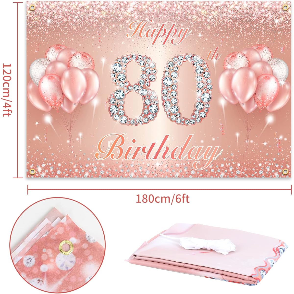 Happy 80th Birthday Banner Backdrop - 80th Birthday Party Decorations Supplies for Women or Men - Rose Gold 4 x 6 Feet