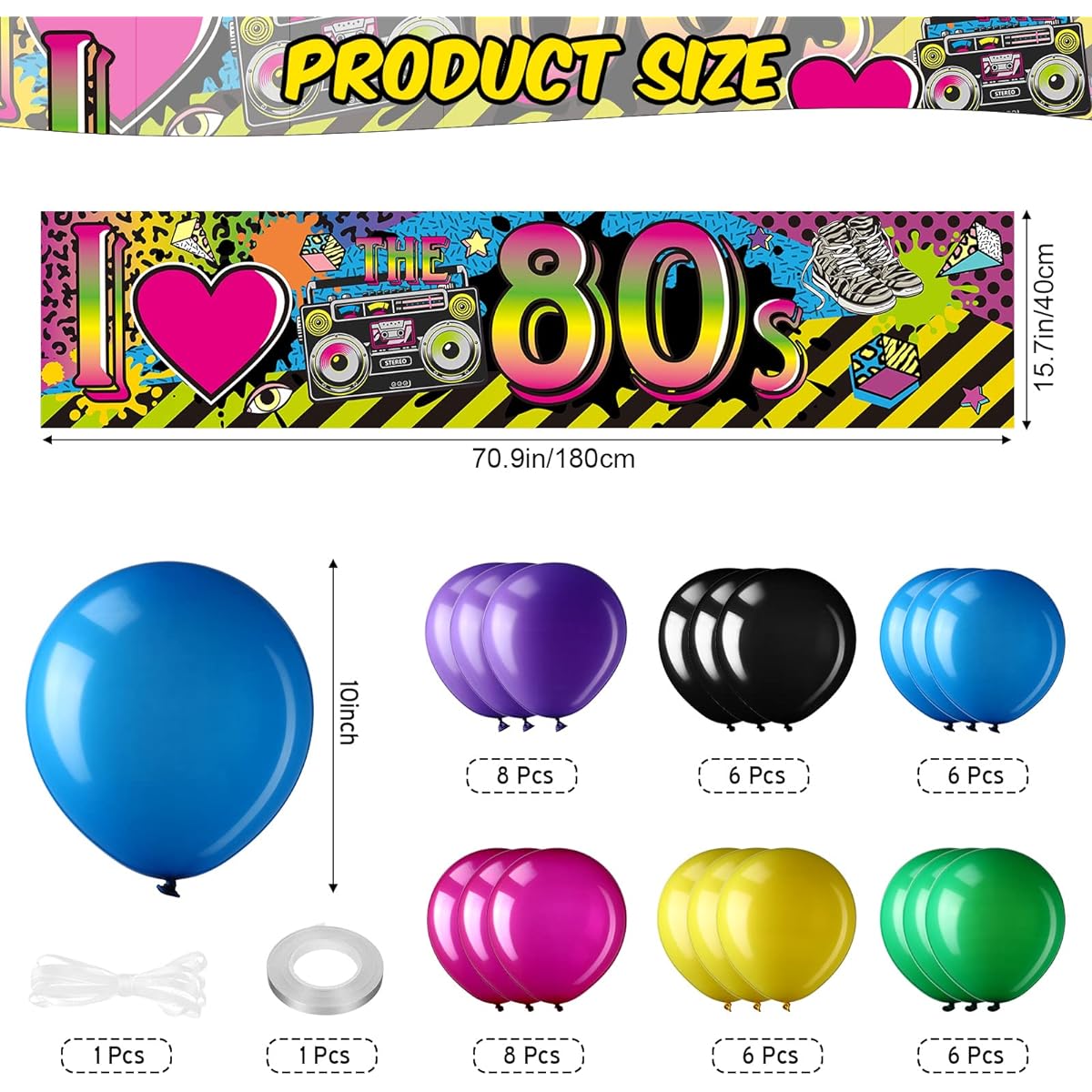 80's Party Decorations Set I Love 80's Banner with 40 Balloons Large 1980's Hip Hop Sign Backdrop Retro Boombox Backdrop Hip Hop Party Photo Booth Props 70.8 x 15.7 Inch (80's)