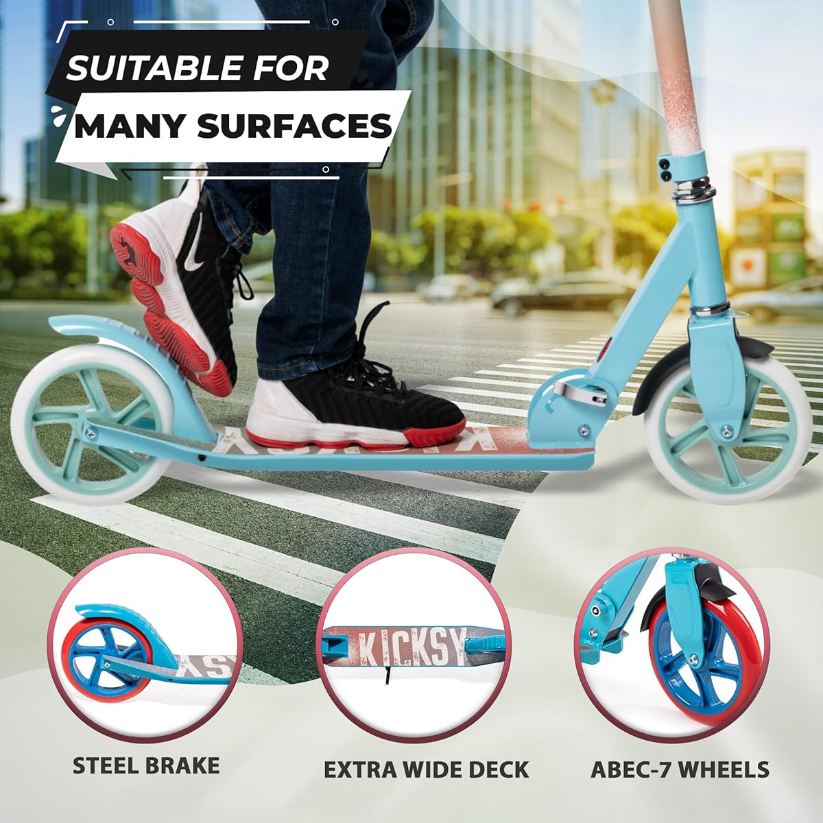 Kicksy Wheels Kids Scooter for Ages 6-12. Teen Scooter, Kick Scooter for Adults. Fun Scooter for Indoors and Outdoors. Quick Release Folding Mechanism. Great Toy, Great Gift. Up to 220 lbs.