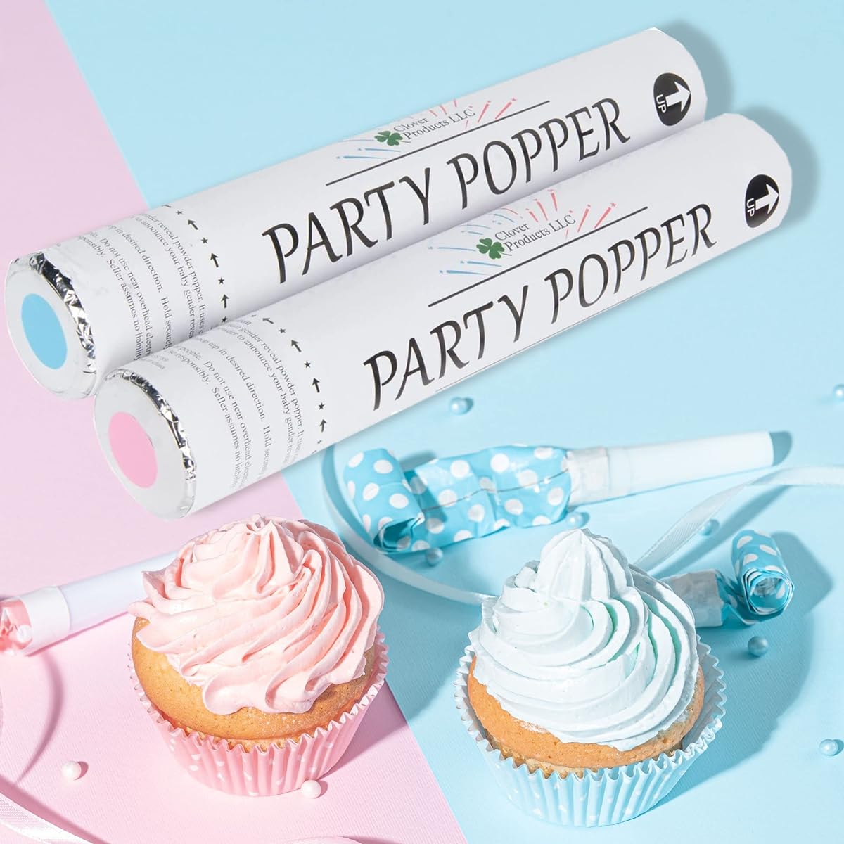 s - This 4-pack includes 2 pink and 2 blue 12-inch poppers. Compressed air shoots vibrantly colored powder up to 20 feet into the air, making your celebration a memorable one. Each box also includes a complimentary "It's a Girl" and "It's a Boy" balloon.