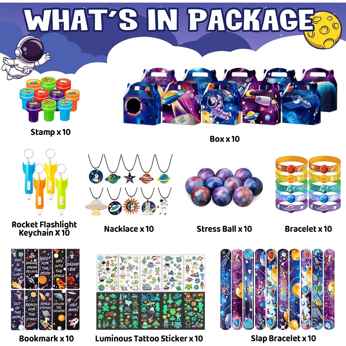 DMIGHT Space Party Favors, 90pcs Outer Space Themed Birthday Decorations, Stress Balls, Glow in the Dark Tattoos, Bracelets, Astronaut Keychains, Slap Bracelets, Stamps, Necklaces, Bookmarks, Gift Box for Kids