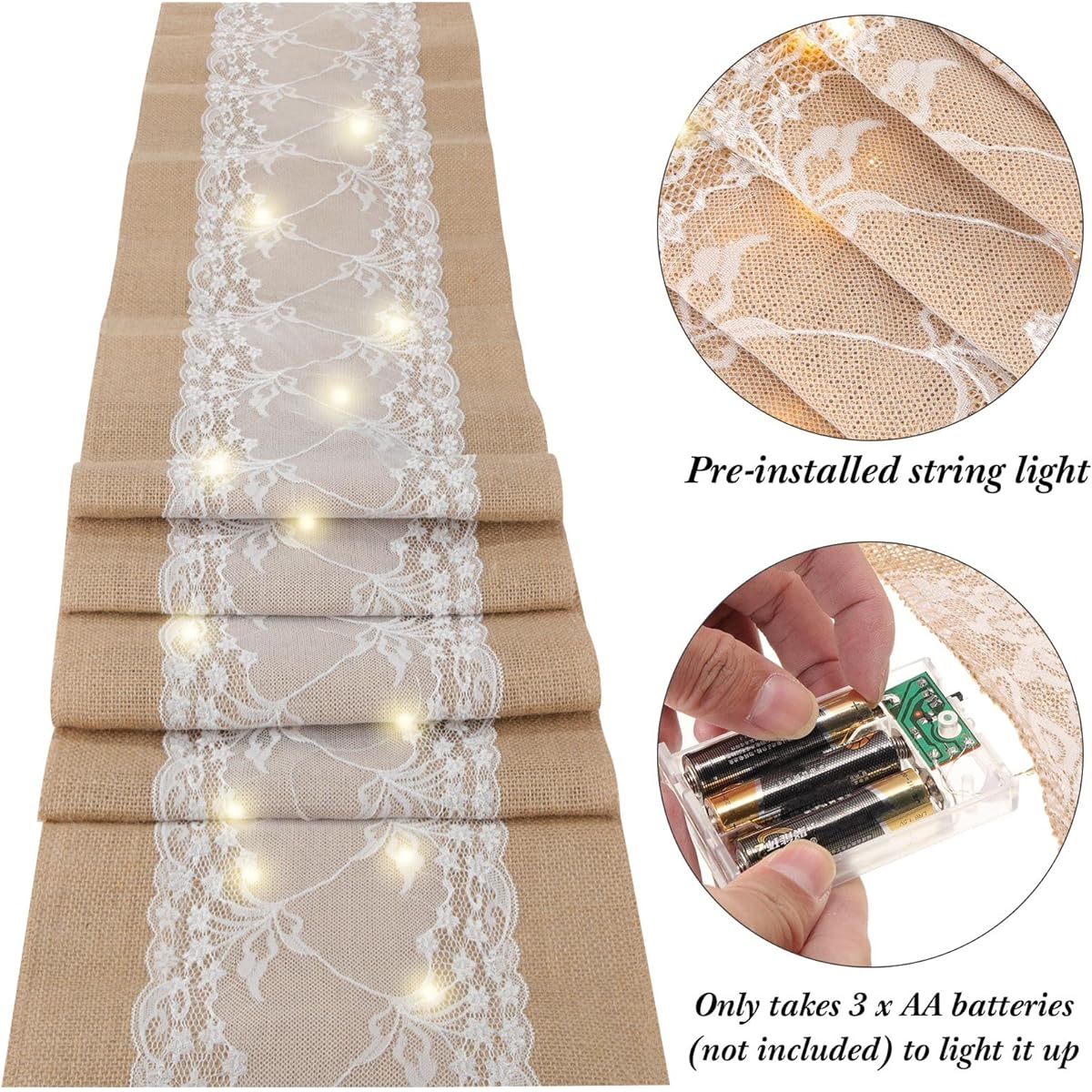 6 Pieces 12 x 108 Inch Burlap Table Runner with String Lights, Rustic Lace Table Runner Farmhouse Jute 9 Foot Table Runner with Fairy Lights Wedding Decoration for Home Wedding Party Holiday