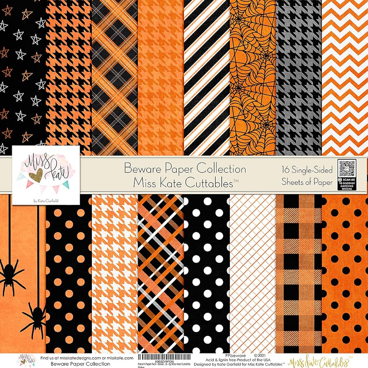 Miss Kate Cuttables Pattern Paper Pack - Beware - Halloween - Scrapbook Premium Specialty Paper Single Sided 12"x12" Collection of 16 Sheets