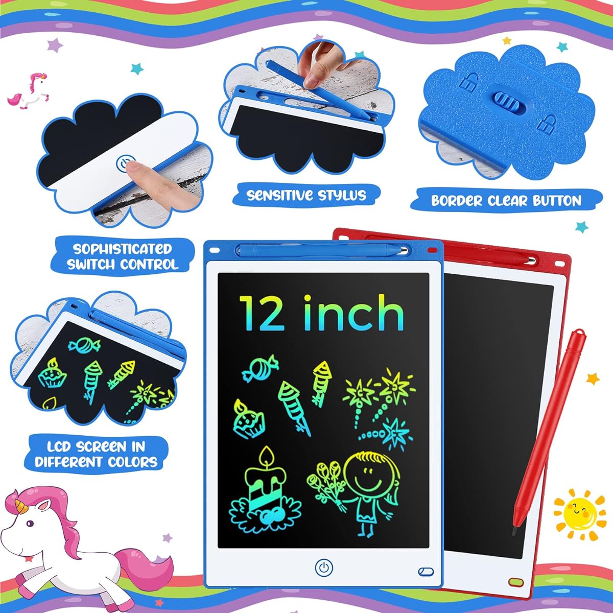 8Pcs 12 Inch LCD Writing Tablet Doodle Board for Kids Colorful Doodle Pad Writing Board Electronic Drawing Tablet Kids Toddler Learning Birthday Gift for Girls Boys (White Trim)