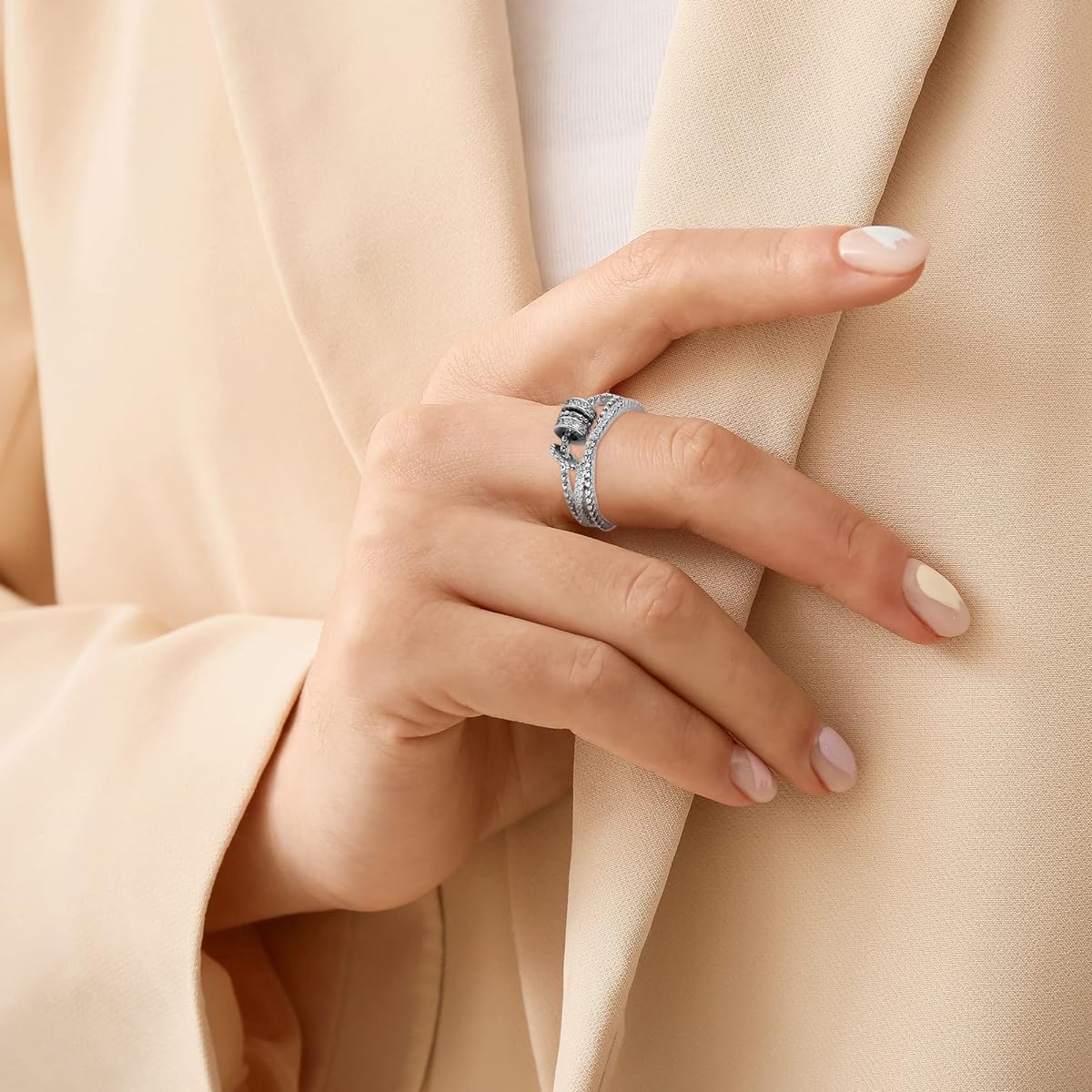 Sterling Silver Anxiety Ring for Women & Kids - Fidget Band Ring for Daughter Anxiety Spinning Beads Open Adjustable Stacking Fidget Spinner Anti Anxiety Ring Fidget Ring Jewelry Gift