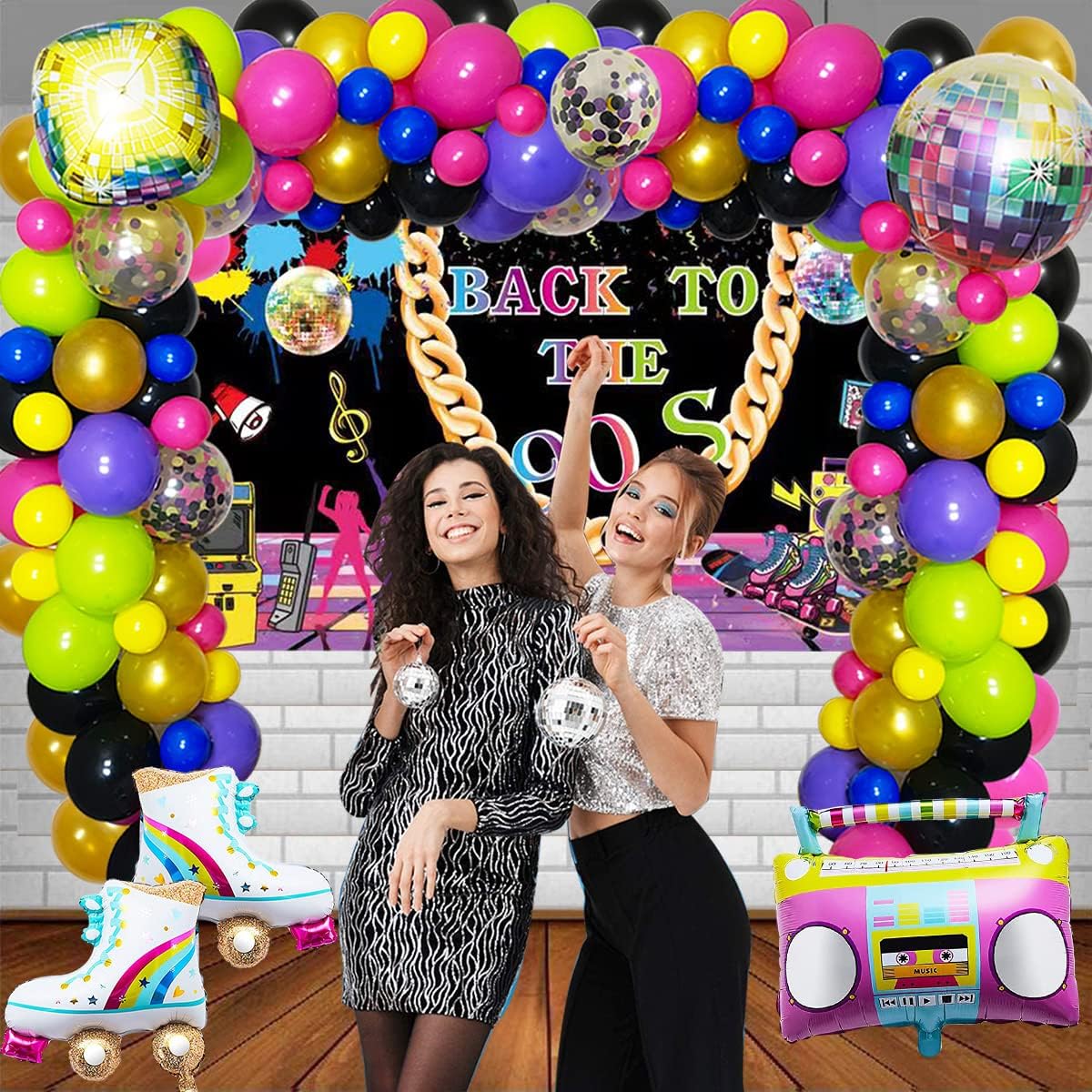 90's Party Decorations 90's Party Bundle Includes Purple Rose Red Green Gold Black Confetti Balloons Boom Box Balloons - Roller Skate Balloons, Back to the 90's Backdrop Hip Hop Party Decor
