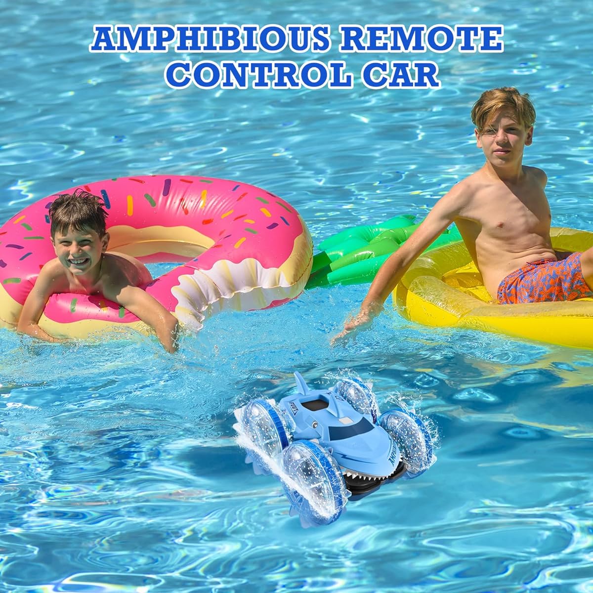 FUUY 4WD High Speed RC Stunt Car RC Submarine Super Power Amphibious Monster Jam Truck Double Sided Racing 360 Degree Rotation Waterproof Remote Control Boat Kids Pool Beach Toys for 3-10 Years Old